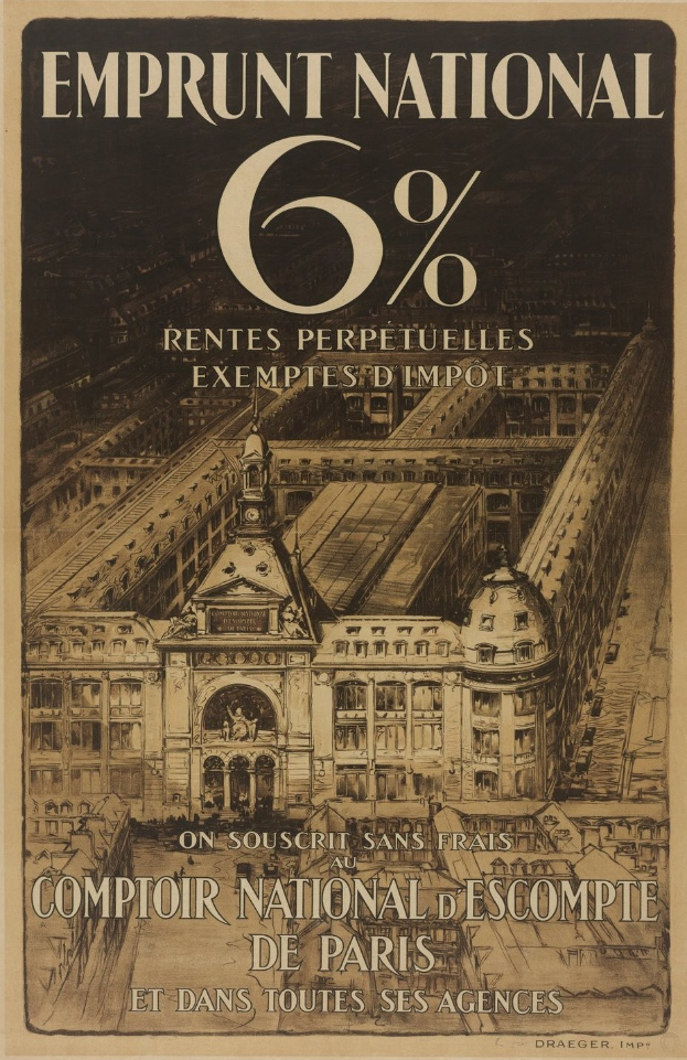 Plakat mit einem großen, zweistöckigen Gebäude mit rotem Dach und weißen Wänden, begleitet von fettem schwarzem Text, der "emprunt national 6% - rentes perpetuelles exemptes impot" auf einem hellblauen Hintergrund liest.