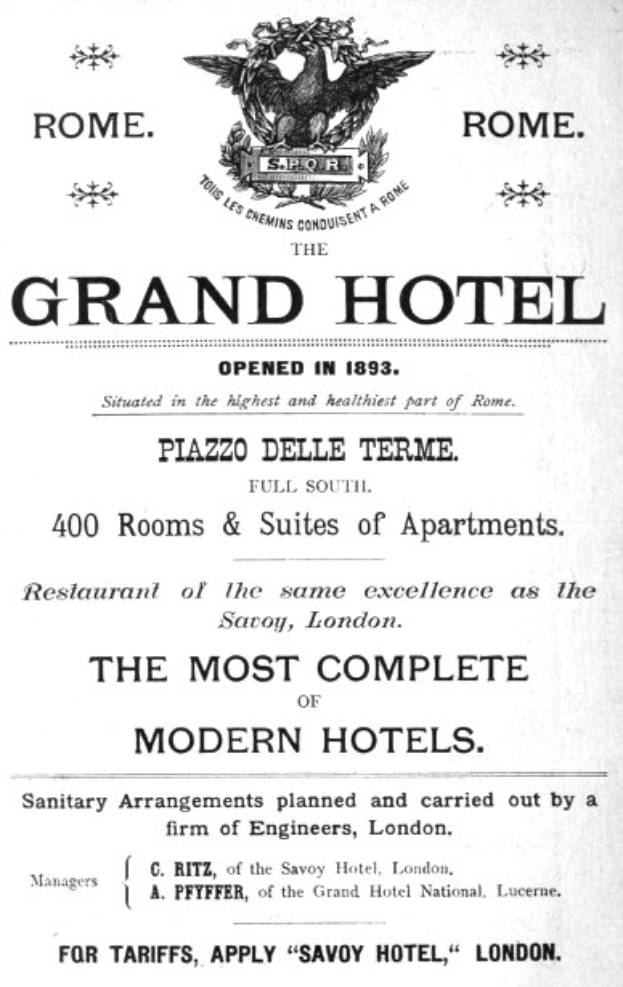 Werbung für das Grand Hotel in Rom mit dem Text "Das vollständigste moderne Hotel" und einem stilisierten Vogel-Logo mit ausgebreiteten Flügeln.