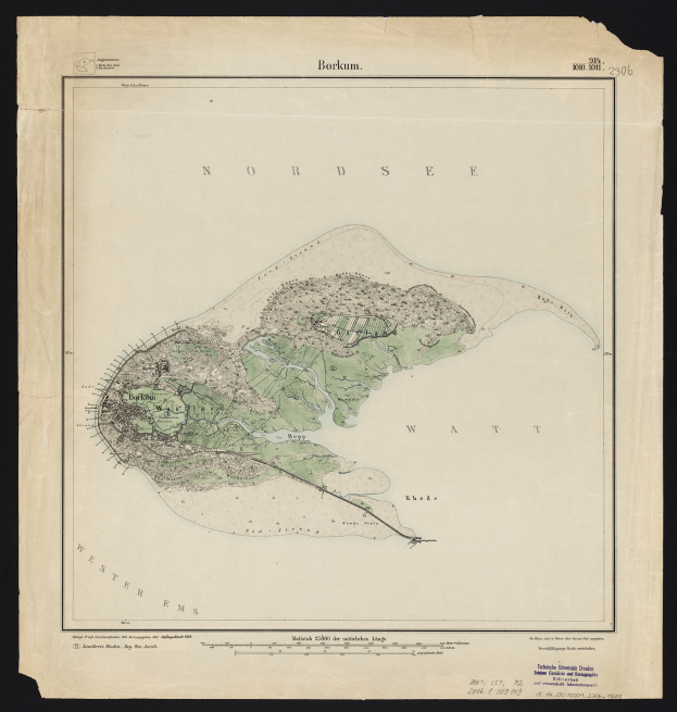 Alte Karte der Insel Nordsee auf schwarzem Hintergrund, die die Küste, Inseln und andere geografische Merkmale mit begleitendem Text zeigt.