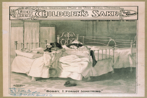 Zwei Kinder liegen auf einem Bett mit Kissen und Decken, umgeben von Vorhängen und einer Wand im Hintergrund, mit dem Text "Für ihre Kinder" oben und unten auf dem Bild.