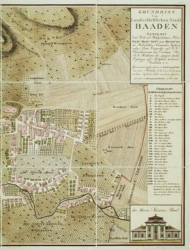 Detailreicher alter Stadtplan von Baden-Württemberg, Deutschland, mit einem Gebäude in der rechten unteren Ecke, der Straßen, Gebäude und Sehenswürdigkeiten zeigt, mit zusätzlichen Textinformationen.