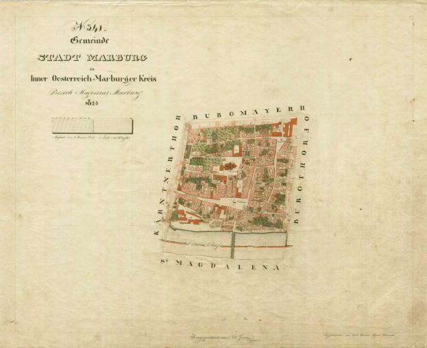 Detailierte alte Karte von Stadt Marburg mit Straßen, Gebäuden und Sehenswürdigkeiten sowie zusätzlichem Text zu Bevölkerung und bemerkenswerten Merkmalen.
