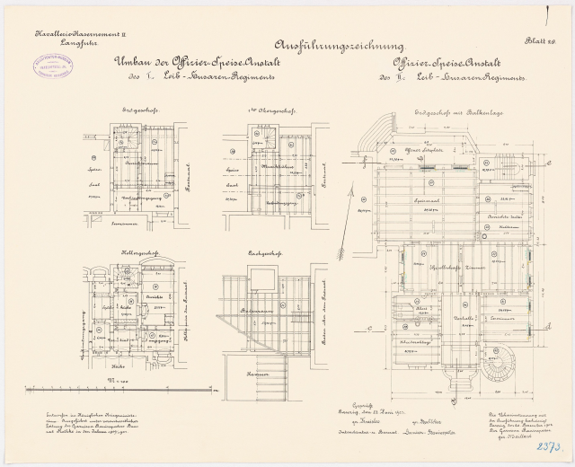 Schwarz-weißer Grundriss des ehemaligen Bundeskanzleramts mit detaillierter Planung und Anmerkungen.