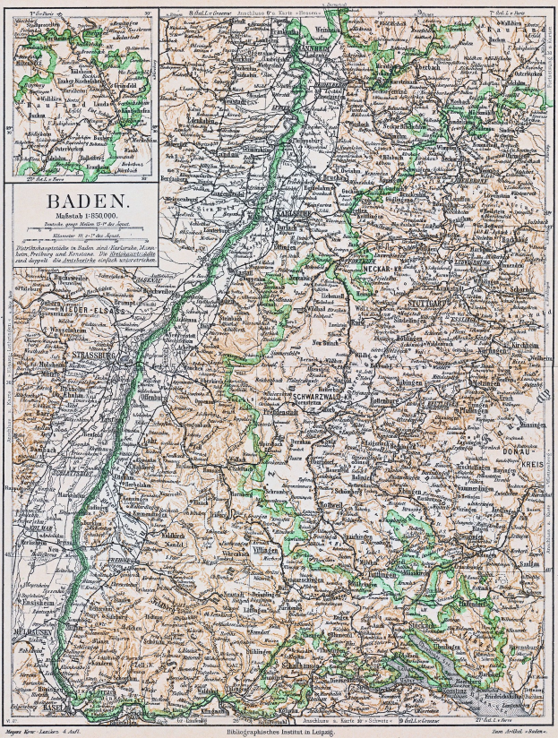 Detailreiches altes Kartenbild von Baden-Württemberg, Deutschland, mit Text oben und unten, das Straßen, Städte und geografische Merkmale zeigt.