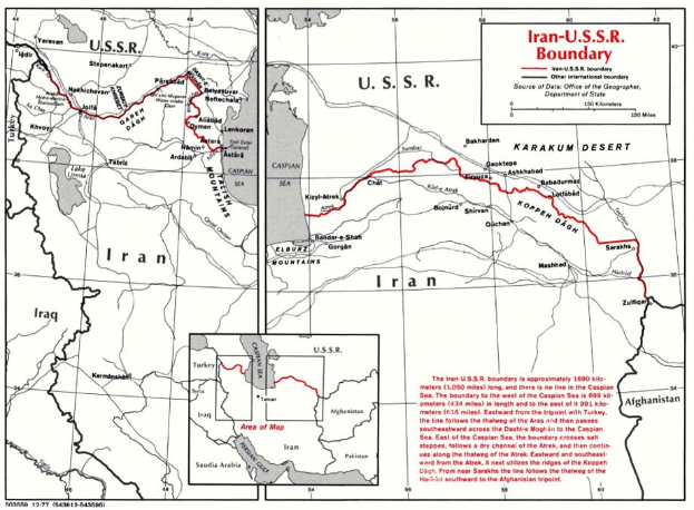 Detailierte Karte der iranisch-sowjetischen Grenze mit geografischen Merkmalen und Landesgrenzen sowie begleitendem Text.