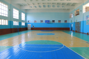 Großer Turnsaal mit blau-weißem Boden, einem Basketballfeld, Netz, Stangen, einer Tür, Fenstern, Wandplakaten, einem Geländer und einem Dach.