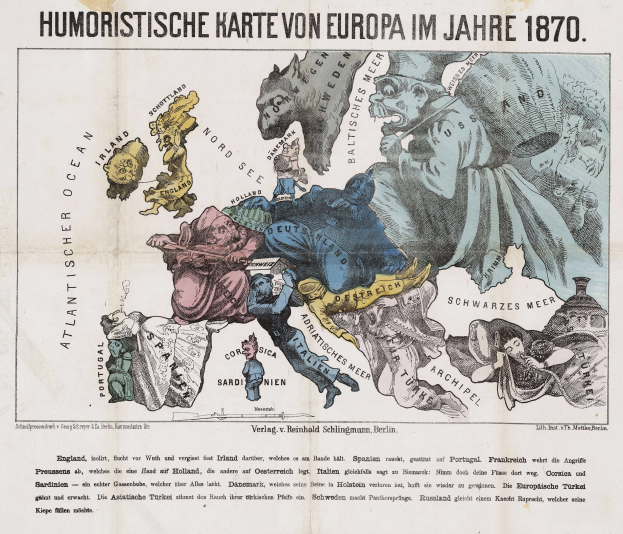 Ein Plakat mit der Aufschrift "Humoristische Karte von Europa im Jahre 1870" zeigt eine Karte von Europa umgeben von Cartoons.