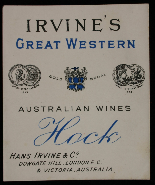 Plakat, das Irvine's Great Western Australian Wines bewirbt, mit dem Namen des Unternehmens, dem Text "Hock" und Logos.