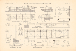 Detailreiches technisches Zeichnung eines Zuges auf dem Cover eines alten Buches, mit beschrifteten Komponenten einschließlich Motor und Getriebe.