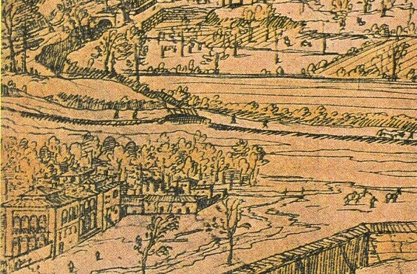 Ein detailliertes Stadtlandschaftsbild mit einem gewundenen Fluss, umgeben von grünen Bäumen und hohen Gebäuden, das eine friedliche Atmosphäre vermittelt.