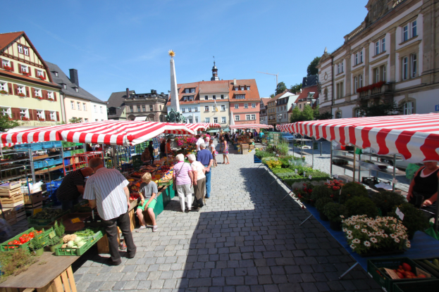 Ein belebter Markt im alten Stadtzentrum von Heidelberg mit Menschen, die gehen, sitzen und stehen, in der Nähe von Tischen mit Gemüse, Zelten, Gebäuden, Bäumen und einem klaren blauen Himmel.