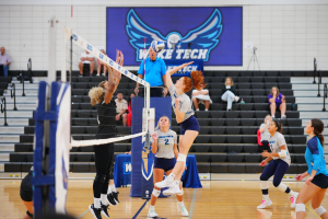 Eine Gruppe von Frauen beim Volleyballspielen auf einem Feld, mit Zuschauern auf einer Treppe im Hintergrund und einem Banner an der Wand, das einen Adler und Text zeigt, der den Sieg der Frauenvolleyballmannschaft bei der Staatsmeisterschaft feiert.