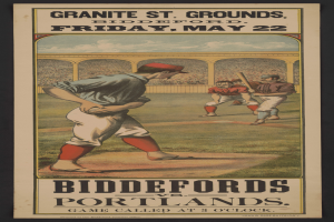 Ein Plakat eines Baseballspiels zwischen Biddeford und Portland, das einen Mann in Baseballuniform mit entschlossener Miene zeigt.