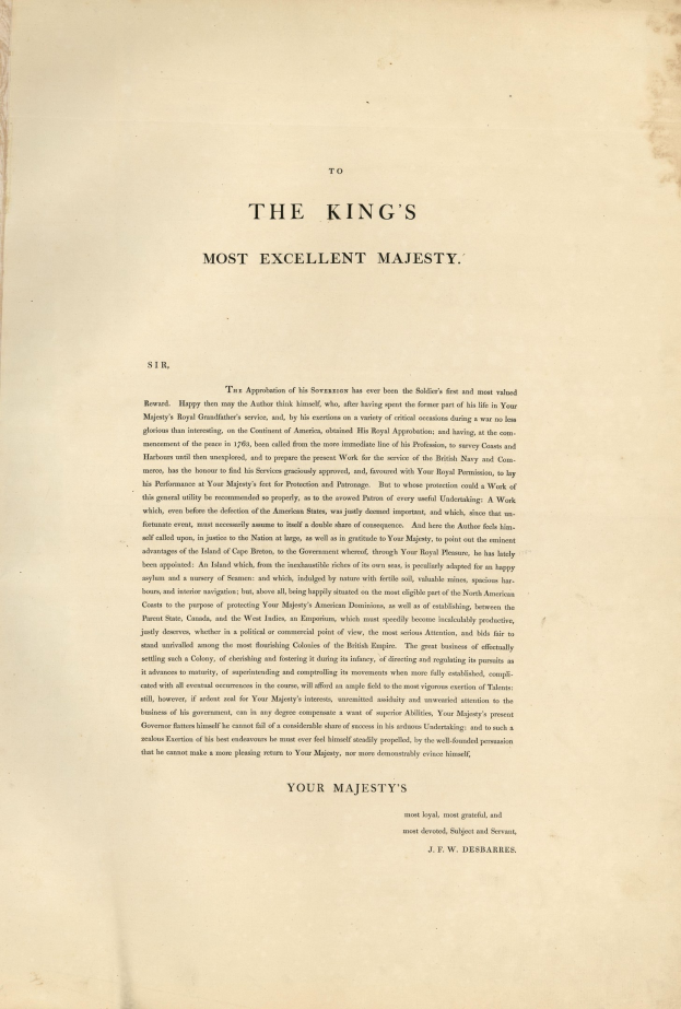 Offenes Buch mit der Aufschrift 'To the King's Most Excellent Majesty' in fetter schwarzer Schrift auf einem weißen Blatt, eingerahmt von einem goldenen Rand.