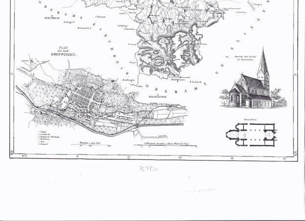 Eine schwarz-weiße alte Karte von Hamburg, Deutschland, mit einer Kirche in der Mitte und darauf geschriebenem Text.