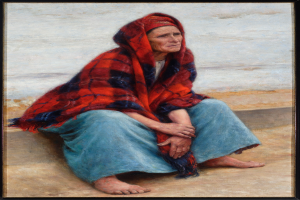 Eine alte Frau sitzt am Strand bei Sonnenuntergang, trägt ein helles Kleid und hat ihr Haar zu einem Dutt gebunden, die Augen geschlossen und die Hände auf dem Schoß, im Photo-Frame.