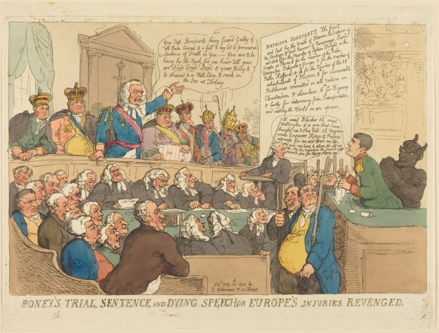 Eine Karikatur einer Gerichtsszene mit einer Gruppe von Menschen, die sitzen, und einem Mann in der Mitte, einem Tisch mit verschiedenen Gegenständen rechts und Text unten, der "Boney's Trial, Sentence and Dying Speech Europe's Injuries Revenged" lautet.
