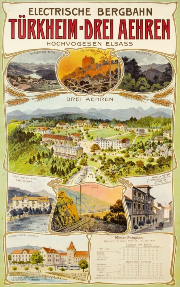 Plakat für Bergbahn, Deutschland, als elektrisches Stadt mit Bildern von Gebäuden, Bäumen, Hügeln und beschreibendem Text.