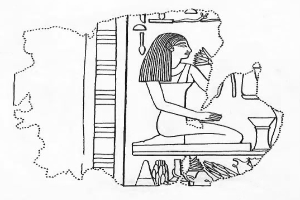 Eine ägyptische Frau aus alter Zeit sitzt auf einem Thron mit einem friedlichen Gesichtsausdruck, trägt eine traditionelle Kopfbedeckung und Schmuck und hat ihre Hände vor sich verschränkt.