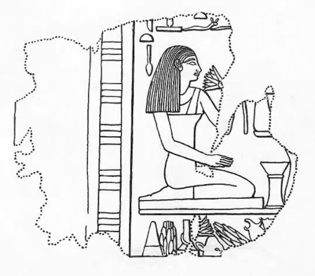 Eine ägyptische Frau aus alter Zeit sitzt auf einem Thron mit einem friedlichen Gesichtsausdruck, trägt eine traditionelle Kopfbedeckung und Schmuck und hat ihre Hände vor sich verschränkt.