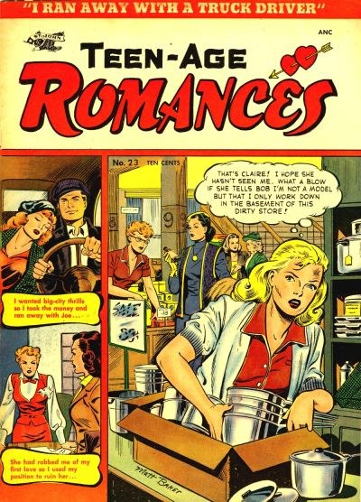 Ein farbenfroher DC-Comics-Plakat titled 'Teen-Age Romances 23-A' zeigt eine Gruppe von Menschen in einer fröhlichen, romantischen Umarmung.