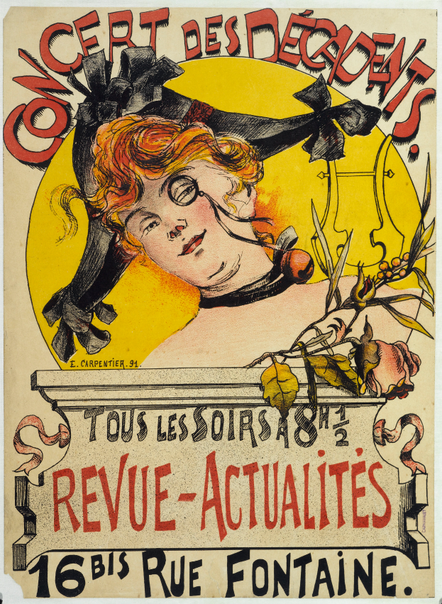 Ein Plakat, das ein Konzert der Decadents ankündigt, mit einer Frau mit menschlichem Gesicht und Text über das Ereignis.