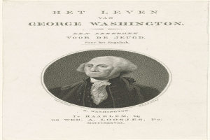 Porträt von George Washington auf Papier mit Text, der nach vorne schaut und einen ernsten Ausdruck hat, mit zurückgekämmtem Haar und Anzug und Krawatte.