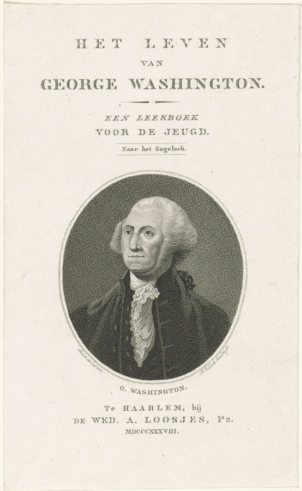 Porträt von George Washington auf Papier mit Text, der nach vorne schaut und einen ernsten Ausdruck hat, mit zurückgekämmtem Haar und Anzug und Krawatte.