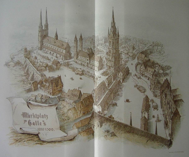 Offenes Buch mit einer detaillierten Zeichnung von Marktplatz in Galle, Deutschland, das Gebäude und handgeschriebene Texte auf dem Papier zeigt.