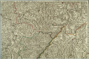 Ein altes Kartenbild der rheinland-pfälzischen Region Frankreichs, das den Rhein zeigt, mit Text oben und unten auf dem Papier.