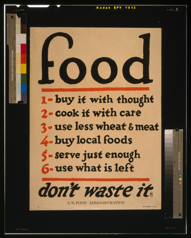 Plakat mit Text, der zum bewussten Einkaufen, sorgfältigen Kochen, reduziertem Getreide- und Fleischkonsum, angemessenen Portionen und Abfallvermeidung aufruft.