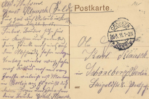 Eine alte Postkarte von Deutschland nach Deutschland, datiert auf den 15.15.1912, mit Text und einer Briefmarke oben rechts.