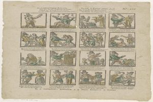 Ein Bild aus einem Buch mit einer Zeichnung eines verzweifelten Mannes mit Hut und Frau in einem Kleid inmitten einer hitzigen Diskussion, umgeben von zusätzlichen Bildern und Text.