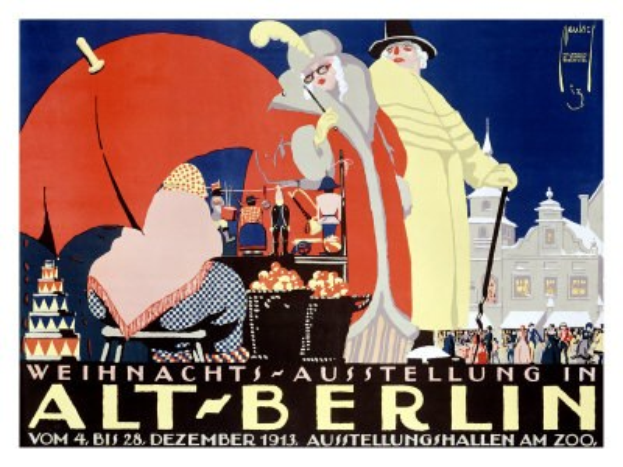 Plakat, das eine Weihnachtsausstellung in Alt-Berlin, Deutschland, ankündigt, mit einer farbenfrohen Illustration von Menschen, Gebäuden und Gegenständen und dem Text "Weihnachtsausstellung in Alt-Berlin" oben.