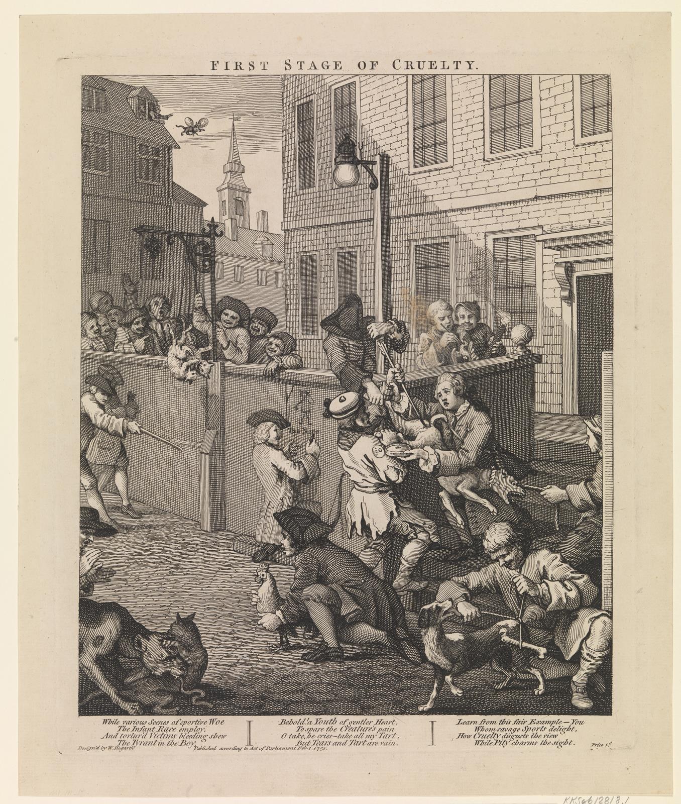 Eine Gruppe von Menschen und Tieren versammelt sich um ein Gebäude mit Fenstern und einem Laternenmast, mit einem Himmel im Hintergrund und dem Text "Erste Stufe der Grausamkeit" unten.