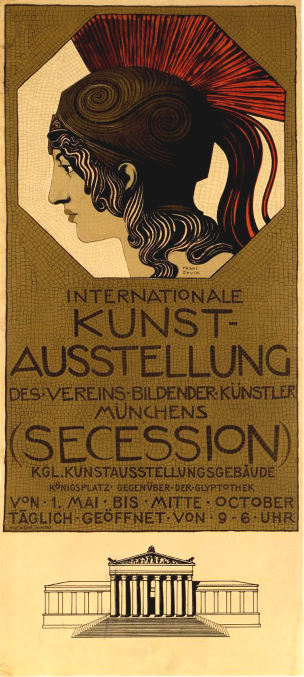 Ein Plakat für die Internationale Kunstausstellung in München, Deutschland, mit einer Frau mit einem menschlichen Gesicht in der Mitte und Text mit Informationen zum Event.