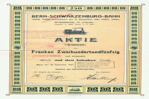 Ein altes Aktienzertifikat der deutschen Regierung der Bern-Schwarzenburg-Bahn mit Text und einer Illustration eines Zuges.