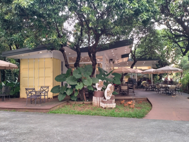 Outdoor-Café mit Tischen, Stühlen und Sonnenschirmen in einem Park umgeben von Bäumen, mit einer Straße unten und einem Gebäude im Hintergrund.