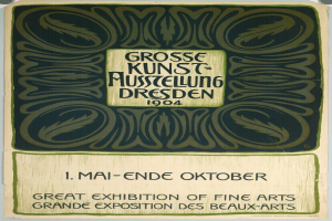 Plakat für die Große Kunstausstellung an der Großen Ausstellung der Schönen Künste in Dresden, Deutschland, 1904, mit fettem Text, der das Ereignis ankündigt.