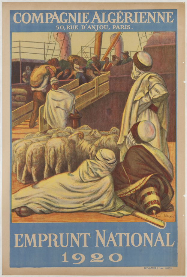 Plakat für die nationale Anleihe von 1920 mit Menschen und Tieren sowie Text zu den Ereignisdaten.