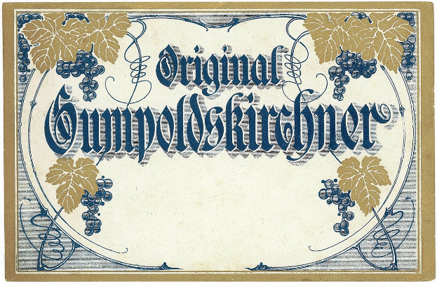 Alte deutsche Wein-Etikett mit einer Abbildung von Trauben und Blättern mit Text, der den Wein-Typ angibt.