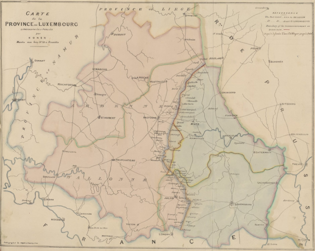 Ausführliche alte Karte der Provinzen Luxemburgs mit beschrifteten Grenzen, Städten und geografischen Merkmalen.