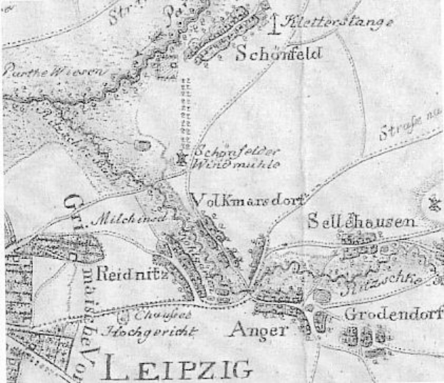 Ausführliche alte Karte von Leipzig, Deutschland, zeigt Straßen, Gebäude und Sehenswürdigkeiten mit begleitendem Text über Bevölkerung, Straßen und bekannte Stellen.