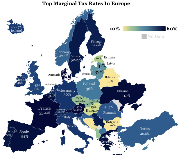 Eine Europa-Karte mit Farben, die die höchsten Grenzsteuersätze in jedem Land anzeigen, mit der Überschrift "Höchste Grenzsteuersätze in Europa."