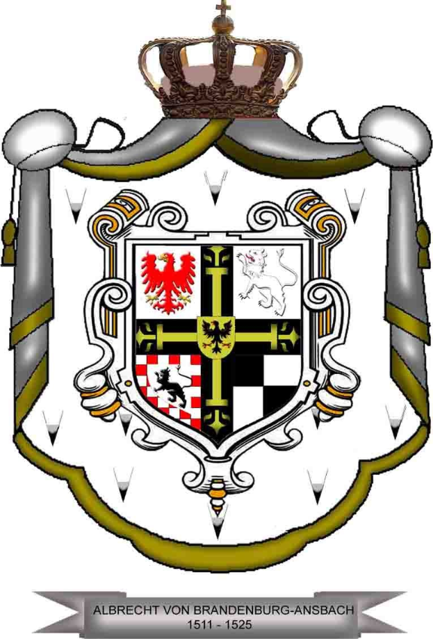 Wappen von Brandenburg-Ansbach mit einem Schild mit einem springenden Löwen, einem Chevron und einer Krone, gekrönt von einer Krone und beschriftet mit "Brandenburg" in schwarzer Schrift.