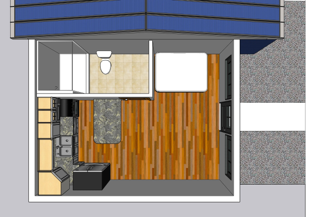 Grundriss eines Tiny Houses mit Küche und Wohnzimmer, einschließlich Toilettensitz, Spüle, Schränken und anderen Gegenständen.