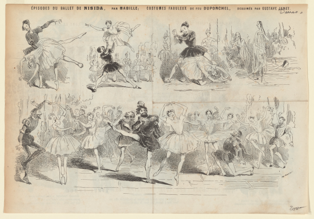 Eine Buchseite mit einer lebendigen Zeichnung einer Gruppe von Menschen, die im Einklang tanzen, sowie begleitendem Text mit Details zum Datum, Uhrzeit und Ort des Ereignisses.