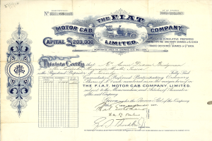 Ein altes Aktienzertifikat der Flat Motor Cab Company mit Text und Zahlen.