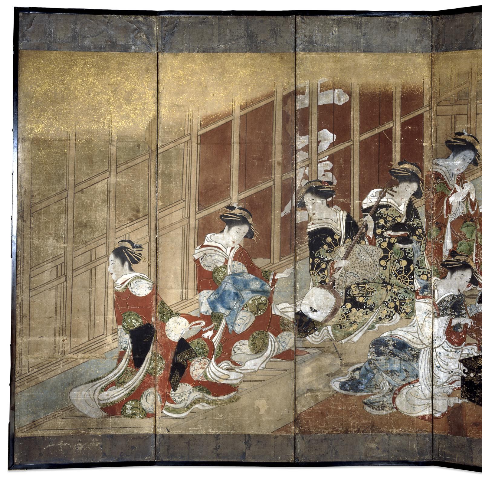 Ein japanisches Vier-Paneel-Bild aus der Meiji-Zeit, das eine Gruppe von Frauen in Kimonos zeigt, die in einem Kreis stehen, wobei eine Frau in der Mitte die Arme ausbreitet.