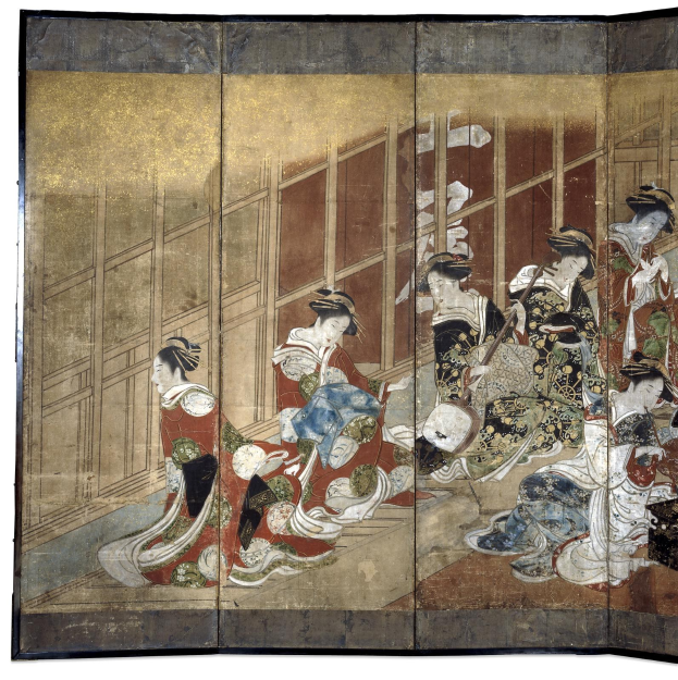 Ein japanisches Vier-Paneel-Bild aus der Meiji-Zeit, das eine Gruppe von Frauen in Kimonos zeigt, die in einem Kreis stehen, wobei eine Frau in der Mitte die Arme ausbreitet.